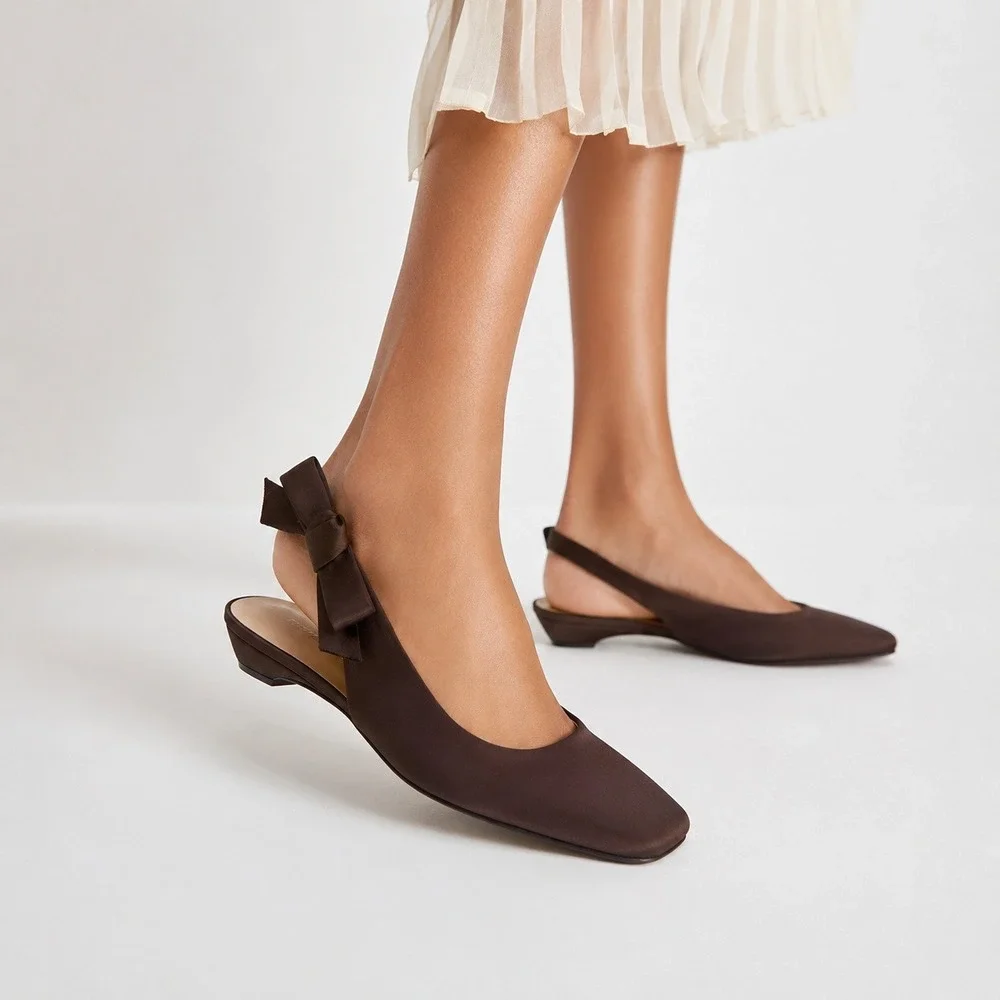 NEW Tuckernuck Shoes Olivia‎ Slingback Flats Chocolate Brown Satin Sz 7 Bow